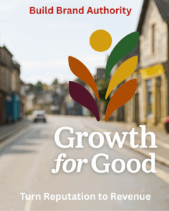 Stylised graphic symbolising community growth and development, with layered leaf shapes in autumn colours and a sun figure above, representing the Growth for Good initiative.